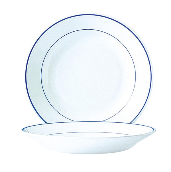 צלחת זכוכית עמוקה לבנה עם פסים כחולים בשוליים